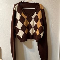 Shein Brown Argyle Pattern Crop Sweater Never Worn Shein Sweater, Argyle Pattern, Crop Sweater, Brown Sweater, Oversized Sweater, Cropped Sweater, Sweaters For Women, V Neck, Pattern