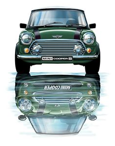 an old green mini cooper parked in the water with its hood up and headlight on