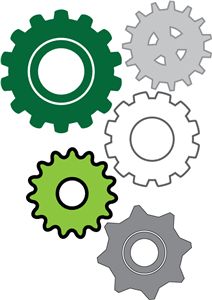 four different gears are shown in the shape of a circle and one is green, gray, and white