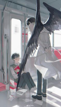 an anime character is sitting on a subway car with his wings spread out, while another person stands in the background