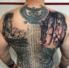 the back of a man's upper body with tattoos and symbols on his chest