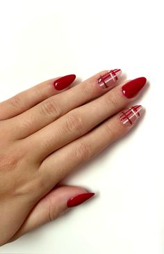 Plaid nails that I did myself :) #plaid #plaidnails #plaidfallnails #fallnails #christmasnails #almondnails #rednails #acrylicnaildesigns #gelnails #diynailsathome Plade Nails Christmas, X Mad Nails, Christmas Nails Red Plaid, Acrylic Xmas Nails, Red And White Plaid Nails, Flannel Nails Christmas, Present Bow Nails, Red Plaid Nails Christmas