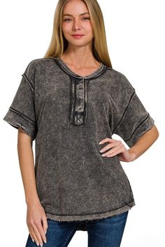 Zenana Raw Edge Detailed Button Closure Scoop Neck Top – jfybrand Washed Black Button-up Top For Spring, Black Tops With Frayed Hem For Spring, Black Tops With Frayed Hem For Fall, Trendy Washed Black Top, Black Relaxed Fit Top With Frayed Hem, Everyday Distressed Black Tops, Trendy Button-up Top With Frayed Hem, Everyday Black Distressed Top, Black Distressed Top For Everyday