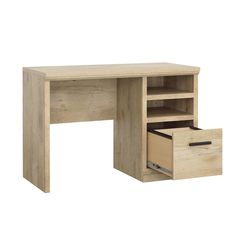 a wooden desk with drawers underneath it