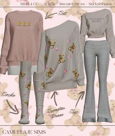 three outfits with teddy bears on them are shown in pink and grey, along with matching socks