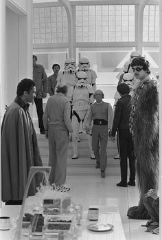 black and white photograph of people dressed as star wars characters