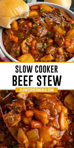 slow cooker beef stew with potatoes and carrots in a white bowl next to a roll