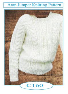 the knitting pattern for an aran jumper kniting pattern is shown in white yarn