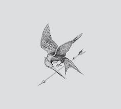 a black and white drawing of a bird with an arrow in it's beak