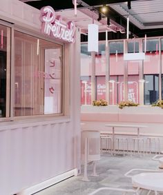 Japanese text, sweet, yummy, exterior decorating, shopping centre design, baked goods, pink bin Pink Container, Pink Cafe, Japanese Text, Outdoor Cafe, Pink Design, Shipping Container, Container House, Interior Architecture Design, Architecture House