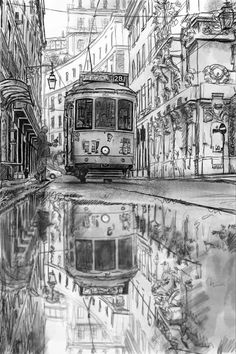 a black and white drawing of a city street with a tram on it's tracks