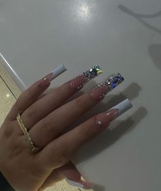 Long Acrylic Nail Designs, French Tip Acrylic Nails, Unique Acrylic Nails, Long Acrylic, Long Square Acrylic Nails, Bling Acrylic Nails, Gem Nails