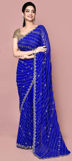 Blue color Saree in Georgette fabric with Bugle Beads, Cut Dana, Stone work Festive Blue Embellished Saree, Blue Bollywood Style Embellished Saree, Embellished Blue Saree For Diwali, Bollywood Style Blue Embellished Saree, Blue Embellished Dupatta For Reception, Elegant Blue Lehenga With Mirror Work, Elegant Blue Embellished Saree, Blue Embellished Saree With Traditional Drape, Embellished Blue Lehenga With Traditional Drape