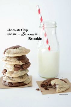 chocolate chip cookies and brownies are stacked on top of each other next to a glass of milk