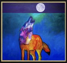 an acrylic painting of a wolf looking up at the moon