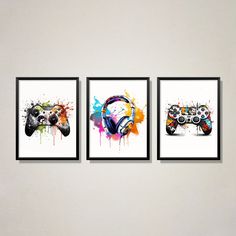 three framed art prints with headphones on them