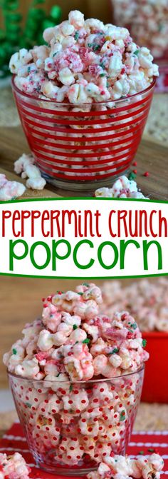 peppermint crunch popcorn in a red bowl