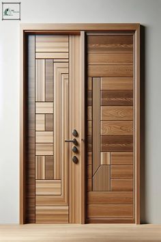 an open wooden door in a room with white walls and wood flooring on the side