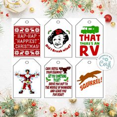 christmas gift tags with funny sayings on them and ornaments around the edges in red, green, white and gold