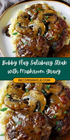 two plates filled with meat covered in mushroom gravy