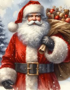 a painting of santa claus holding a sack of gifts in his hand and looking at the camera