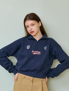 Composition : COTTON 100%Color : NAVY_FREECountry of Origin : KOREA Navy Half-zip Sweatshirt For Fall, Navy Half-zip Winter Sweatshirt, Navy Half-zip Casual Sweatshirt, Casual Navy Half-zip Sweatshirt, Christmas Bazar, Zip Ups, Composition, Top Outfits, Navy