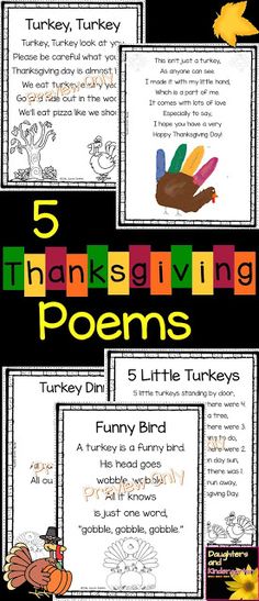 five thanksgiving poem cards with turkey and turkey