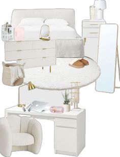 a white bed sitting next to a table with a mirror and chair on top of it