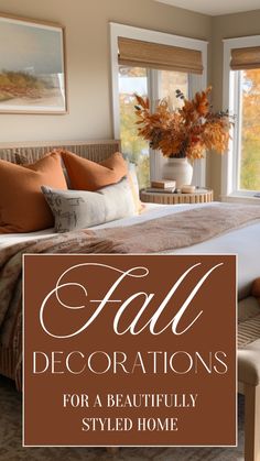 a bed sitting in a bedroom next to a window with fall decorations on the headboard