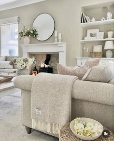 a living room filled with furniture and a fire place in front of a mirror on the wall