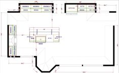 the floor plan for a small kitchen with an island and dining area in the center