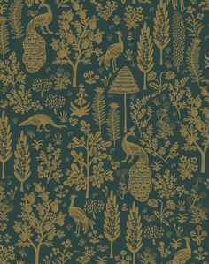 a green and gold wallpaper with trees, plants and birds