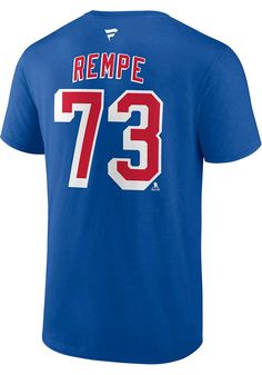 Show support for your favorite player in this New York Rangers Blue Home Matt Rempe Short Sleeve Player Tee! This Player T Shirt features a screen printed team wordmark on the front chest, Swoosh design on the right shoulder, player name and number across the back, so everyone will know you cheer for New York, Matt Rempe! This is the perfect Rangers Player Tee for wearing from every day to game day. Go Rangers! Blue Baseball Season Top With Team Logo, Blue Baseball Fan Apparel Tops, Blue Tops With Team Logo For Baseball Season, Blue Fan Apparel Tops For Baseball Season, Blue Collegiate Tops For Baseball Season, Collegiate Blue Tops For Team Events, Blue T-shirt For Baseball Season Fan Merchandise, Blue Team Logo T-shirt For Baseball Season, Blue T-shirt With Team Logo For Baseball Season