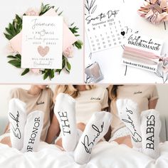 the bride and groom's personalized wedding gifts are on display in their bed