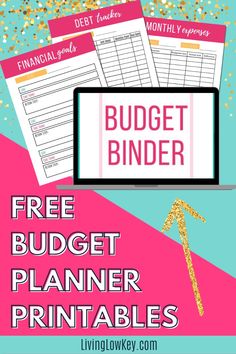 the free budget planner printables with gold confetti on it and text overlay