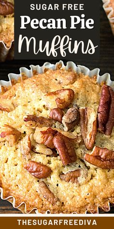 a close up of a pie with nuts on it and the title in the middle