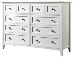 a white dresser with many drawers and knobs on it's doors is shown against a white background