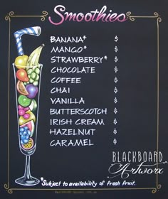 the menu for smoothies is displayed on a blackboard