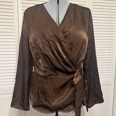 Gorgeous Wrap Blouse Elegant Brown Blouse For Brunch, Party V-neck Blouse With Faux Wrap, Party V-neck Faux Wrap Blouse, Chic Faux Wrap Blouse For Fall, Chic Faux Wrap Fall Blouse, Chic Faux Wrap Blouse For Night Out, Elegant Faux Wrap Blouse For Party, Elegant Brown Blouse For Night Out, Elegant Brown Tops For Date Night