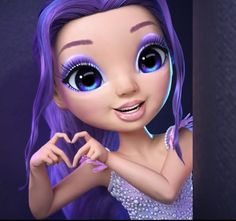 a close up of a cartoon girl with blue eyes and purple hair, making a heart sign