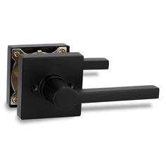 an image of a black door handle on a white background, with the latch open