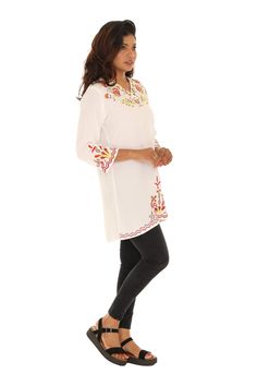 Infuse pop flairs into your ant time attire with this soft Tunic cum Dress designed with an appealing floral embroidery and V-neck Model (wearing size 4): 5' 7'' tall; 35'' chest; 24'' waist; 35'' hips Woven Tunic For Women Plus sizes for women Embroidery tunic Three Quarter sleeves 100% rayon Machine wash; tumble dry Women Embroidery, Charming Charlie, Style Gift, Three Quarter Sleeves, Quarter Sleeve, Floral Embroidery, Three Quarter, Designer Dresses, Size 4