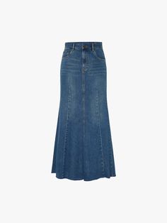 MO&Co. Women's Denim Mermaid Maxi Skirt This denim maxi skirt is made from premium cotton. It's detailed with vertical seams that create a paneled effect and has an exaggerated flared hem. Wear it with a simple top for a chic look. Features : - Flared maxi silhouette- Button and zip closure- Five-pocket design Code: MBD3SKTT06The back length of size S is 98cmMATERIALS & CARE Material: 100% CottonPlease put it into a mesh bag to wash.Denim products have slight fading, which is normal.REMINDER: Al Denim Skirt Outfits, Simple Top, Denim Maxi Skirt, Mesh Bag, Skirt Outfits, Denim Women, Jeans Fit, Denim Skirt, Maxi Skirt