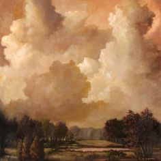 an oil painting of clouds over a field with trees and grass in the foreground