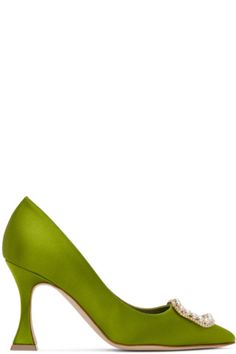 Manolo Blahnik: Green Fabetapump Heels | SSENSE Green Manolo Blahnik Outfit, Mach And Mach Heels Green, Manolo Blahnik Heels Green, Manolo Blahnik Flower Shoes, Luxury Green Pointed Toe Heels, Manolo Blahnik Green, Satin Heels, Manolo Blahnik, Women Wear