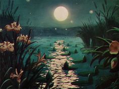 a painting of flowers in the water at night with a full moon behind them and lily pads on the ground