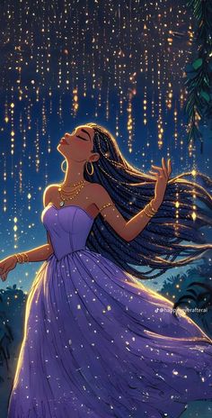 a painting of a woman in a purple dress with stars falling from the sky above her