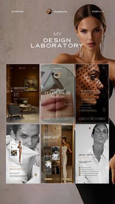 the website for my design laboratory is displayed in multiple photos and features an image of a woman's face