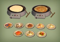 an image of food being cooked on the grill with pizzas and other foods in plates