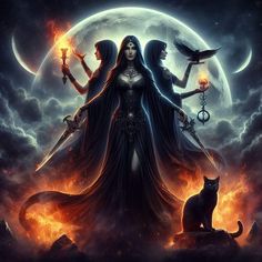 two women holding torches in front of a full moon with cats sitting on the ground